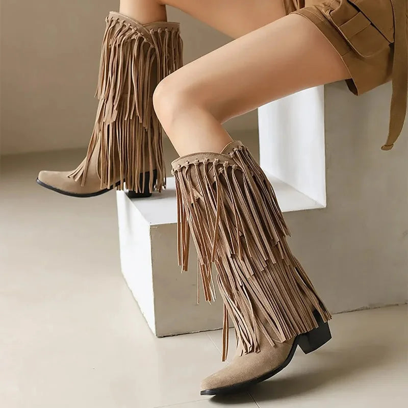 Aveline | Women’s Fringe Knee-High Boots Western Style
