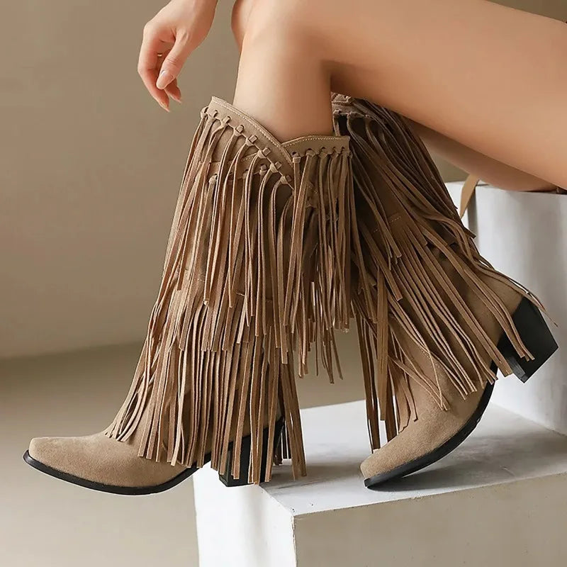 Aveline | Women’s Fringe Knee-High Boots Western Style