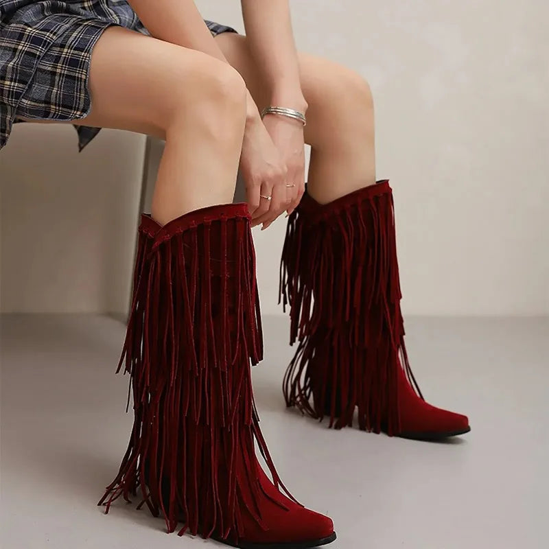 Aveline | Women’s Fringe Knee-High Boots Western Style